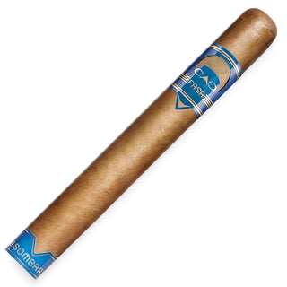 Cigar with a blue label on a white background