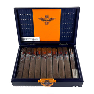 Open cigar box with cigars inside, featuring an orange and blue design.