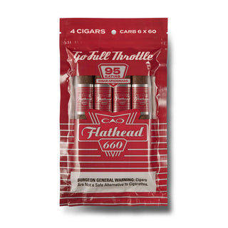 Sampler pack of Cao Flathead 660 cigars with brand name and product details on a white background
