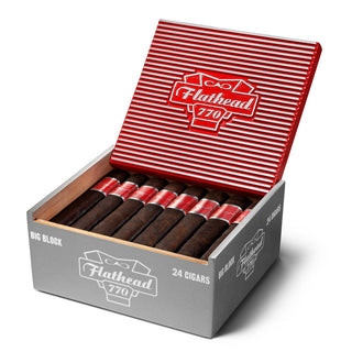 Box of CAO Flathead 770 cigars with red and white striped lid on a white background