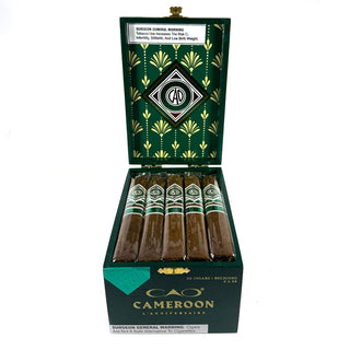 Box of CAO Cameroon cigars with decorative green packaging