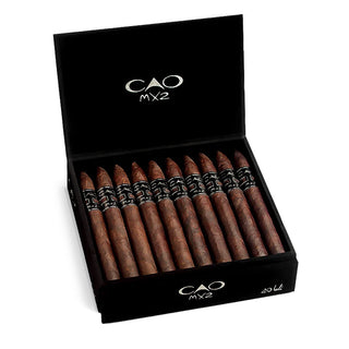 Box of CAO MX2 cigars on a white background
