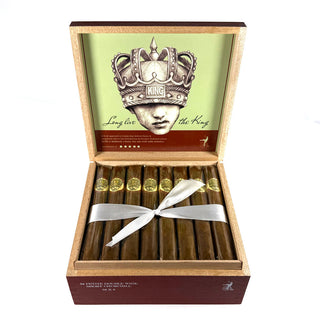Open box of Caldwell Long Live the King cigars with a decorative label featuring a crown and text on a white background