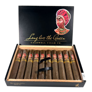 Box of cigars with a decorative cover featuring a woman's portrait and 'Long live the Queen' text.