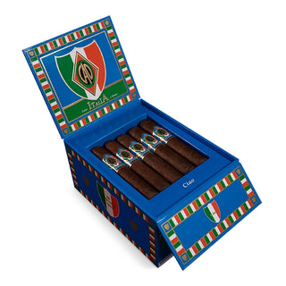 Open box of CAO cigars with Italian design elements on a white background