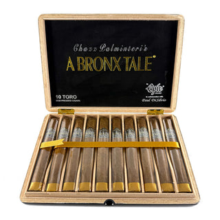 Cigar box with 'A Bronx Tale' cigars inside on a white background