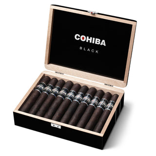Cohiba Black cigars in an open wooden cigar box on a white background