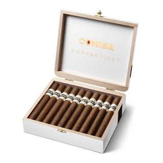 Open wooden box of Cohiba Connecticut cigars on a white background