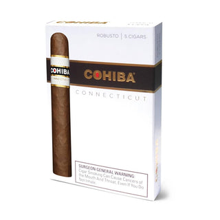 Cohiba Connecticut cigars in a white box with a cigar displayed on a white background
