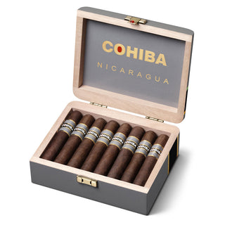 Open Cohiba Nicaragua cigar box with cigars inside on a white background