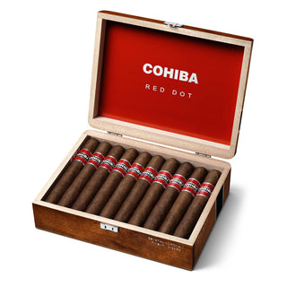 Cohiba cigars in a wooden cigar box with red interior
