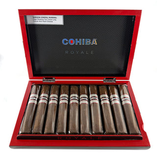 Open Cohiba Royale cigar box with cigars inside on a white background