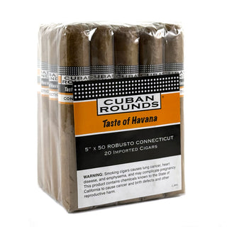 Bundle of Cuban Rounds cigars with branding and product details on a white background