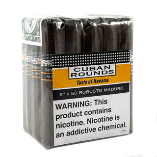 Bundle of Cuban Rounds cigars with warning label on a white background