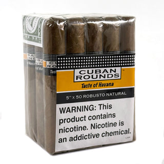 Bundle of Cuban Rounds cigars with warning label on a white background