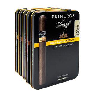 Primeros by Davidoff Nicaragua Maduro cigars in black tins with yellow accents.