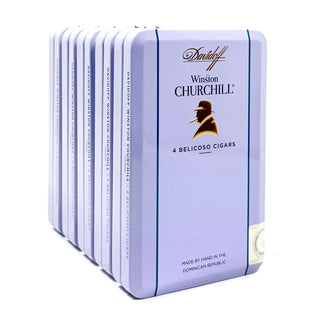 Davidoff Winston Churchill cigars in purple tins on a white background