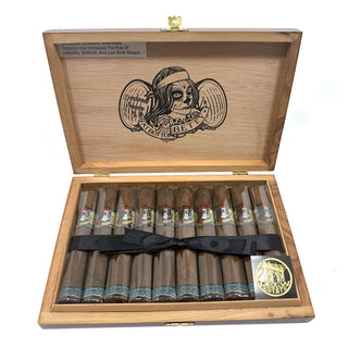 Wooden cigar box with cigars and a decorative label on a white background