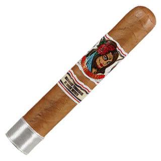 Deadwood Dominicana cigar with a decorative band featuring a woman's face on a white background