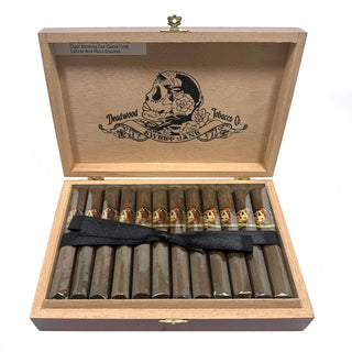 Wooden box of cigars with 'Deadwood' branding on a white background