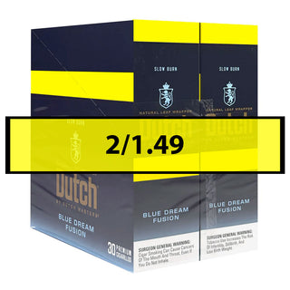 Dutch Master Blue Dream cigar packaging with blue and yellow design on a white background