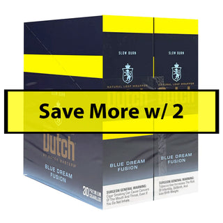 Box of Dutch Blue Dream Fusion cigars with a promotional banner on a white background.