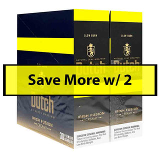 Box of Dutch Masters Irish Fusion cigars with a promotional banner on a white background