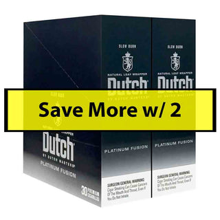 Box of Dutch Masters Platinum Fision cigars with a promotional banner on a white background