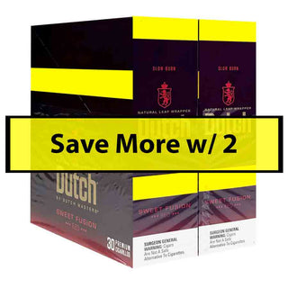Box of Dutch Masters Sweet Fusion cigars with a promotional banner on a white background