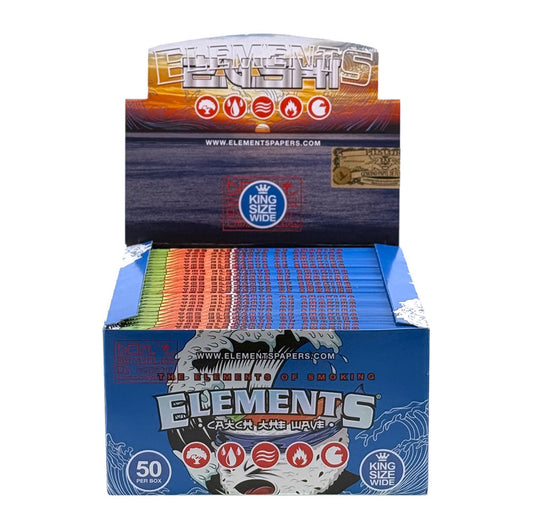 Box of Elements Zushi King Wide rolling paper with colorful packs inside on a white background