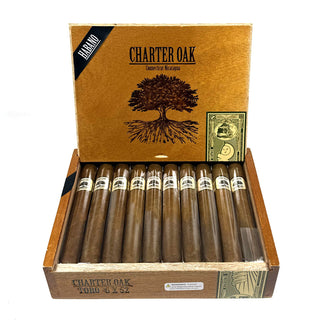 Box of Foundation Charter Oak Habano cigars with a tree design on the lid.