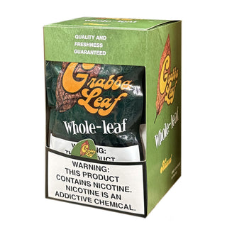 Box of Grabba Leaf whole-leaf product with branding and nicotine warning label.