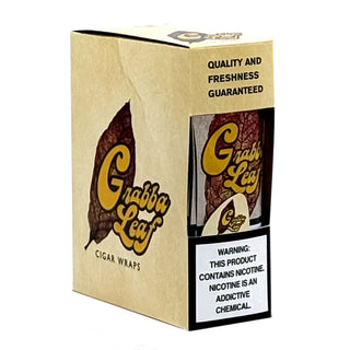 Box of Grabba Leaf cigar wraps with brand logo and nicotine warning label on a white background
