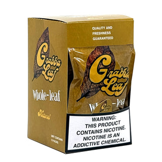 Grabba Leaf whole-leaf product packaging with nicotine warning label on a white background