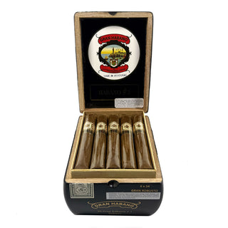 Open box of Gran Habano cigars with a visible brand logo on a white background