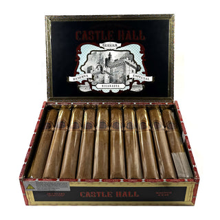 Open box of Gurkha Castle Hall Nicaragua cigars with cigars visible inside on a white background
