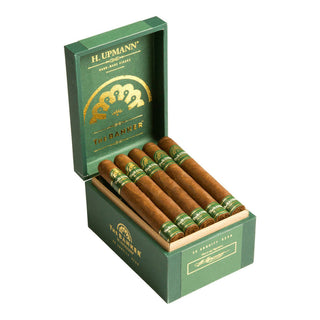 Box of H. Upmann cigars with green and gold packaging on a white background