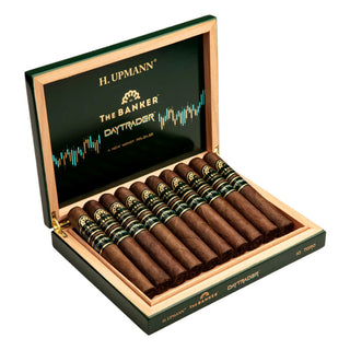 H. Upmann The Banker DayTrader cigars in an open humidor on a white background