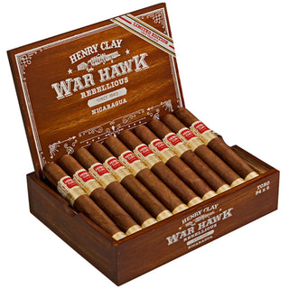 Wooden box of Henry Clay War Hawk cigars on a white background