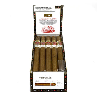Box of Hoyo de Monterrey Shade cigars with visible branding and packaging details on a white background