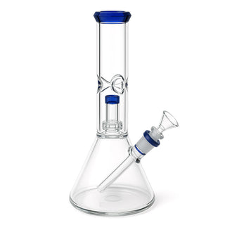Clear glass water pipe with blue accents on a white background