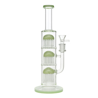 Glass water pipe with green accents on a white background