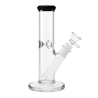 Clear glass water pipe with black top and white base on a white background
