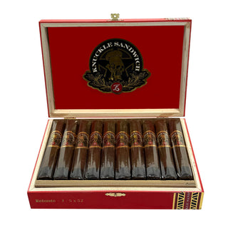 Open red cigar box with cigars inside, featuring a visible brand logo on a white background.