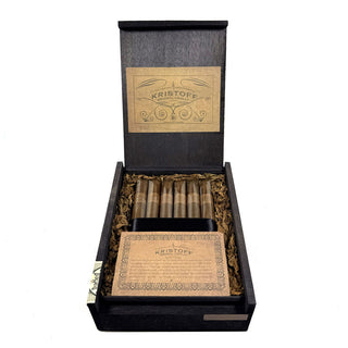 Open black Kristoff Criollo cigar box on a white background