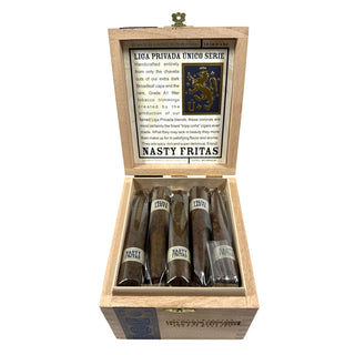 Open wooden box containing Liga Privada Unico Series cigars with a visible brand label on a white background