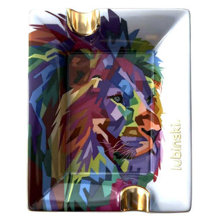 Colorful lion design on a rectangular cigar ashtray with 'Lubinski' branding.