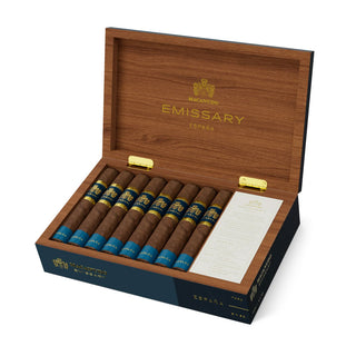 Wooden box of Macanudo Emissary Espana cigars on a white background
