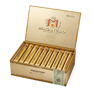 Box of Macanudo Gold Label cigars with visible branding on a white background