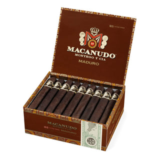 Box of Macanudo Maduro cigars with visible branding on a white background
